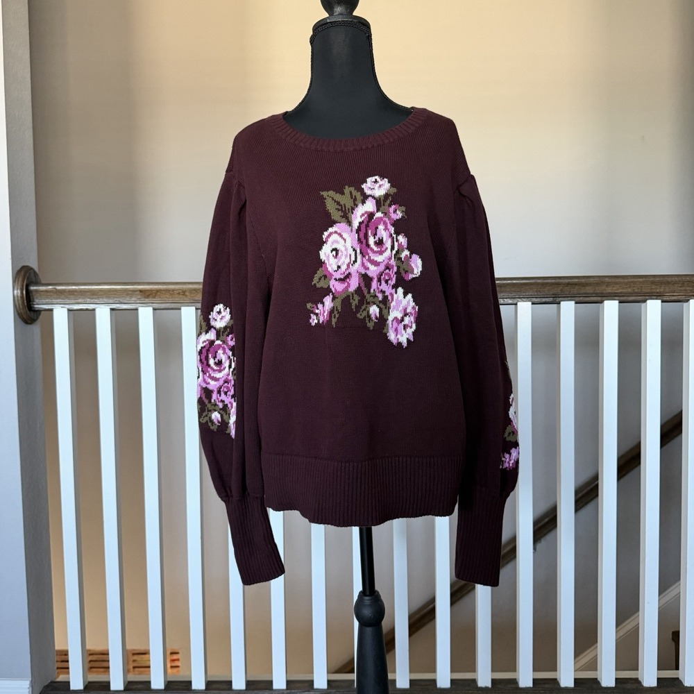 Lands End Drifter Puff Sleeve L Sweater Floral Burgundy Cottage Feminine Boho